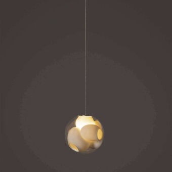 Superior Bocci 38V Single Suspension Lamp crafted in clear glass with milk white interior and light-colored metallic finish