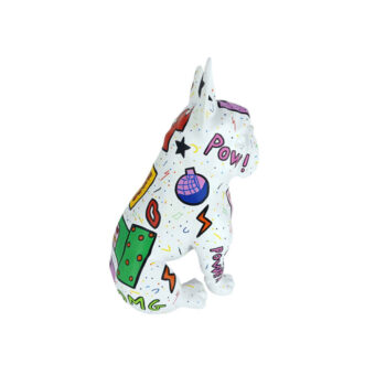 Distinguished Juliarte Seated Bulldog sculpture hand-painted with vibrant pop art in stone powder and fiberglass with glossy finish