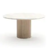 Caracole Rhythm Round Stone Dining Table Sun Drenched Oak + Lucent Bronze Metallic + Creme Travertine Stone