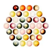 Spherical arrangement, varied colors of burgundy, orange, pink, green, yellow, translucent glass-like orbs with vertical slits, white background.