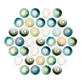 Glass beads arrangement, teal and green hues, circular apertures, translucent finish, smooth glossy surface, white background, diffused lighting.