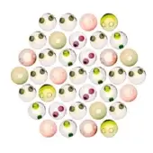 Glass beads in circular arrangement, clear, pink, green, burgundy hues, glossy finish, small indentations, dense composition, white background.