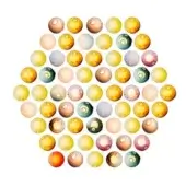 Seventy-five round beads in circular arrangement, beige, cream, yellow, orange, brown, gray, green tones, smooth glossy finish, threaded holes.