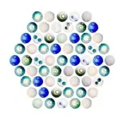 Glass marbles in circular arrangement, blue, white, green hues, internal swirls, glossy surfaces, dense composition, soft lighting, white background.