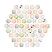 Round glass beads in peach, pink, green, blue, and gray are arranged circularly on a white background, featuring translucent sections with colorful inclusions.
