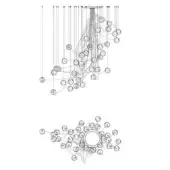 Lighting fixture diagram, monochromatic line drawing, exploded view with 28 labeled circular lights connected by radiating lines on white background.