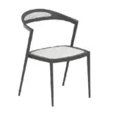 Stylletto chair, dark gray frame, light gray fabric upholstery, curved wing-shaped backrest, minimalist design, studio product shot.
